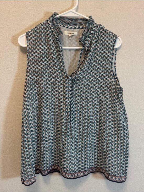 Tops - Sleeveless V Neck Pleated Ruffle Neck‎ Geometric Print Blouse Top